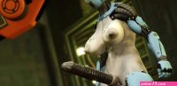 I just want your dick! Female robot shemale fucks a sexy cuffed busty brunette in the sci-fi lab