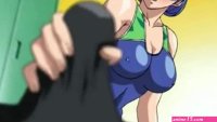 Muscled swimmer gets a handjob from a horny anime teen when she sees his boner
