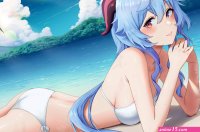 ass beach bikini blue hair blush chiisa970 clouds ganyu genshin impact genshin impact horns purple eyes signed sky swimsuit water