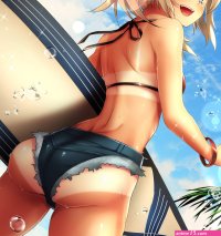 ass tan lines short hair blonde blue eyes anime anime girls FateGrand Order bikini top wet Mordred FateApocrypha