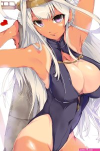 white hair tan lines anime swimwear Kongou KanColle tanned