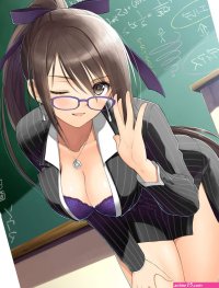 cleavage long hair Tony Taka ponytail brunette women with glasses big boobs one eye closed looking at viewer women curvy anime anime girls bra business suit open shirt glasses artwork teachers classroom