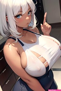 Anime Chubby Huge Boobs 60s Age Serious Face White Hair Messy Hair Style Dark Skin Soft Anime Bathroom Side View On Back Teacher 3689885432612062765