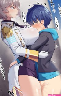 tsukunendo asanaka yomogi mujina gridman universe ssss.dynazenon holding person purple neckwear silver hair absurdres highres translated 1boy 1girl blue hair blue hoodie blue sky blush bottomless breasts collared shirt...