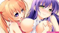 2girls apron blonde hair blush breast grab breasts kazakura nipples purple eyes purple hair tagme tears yellow eyes yuri
