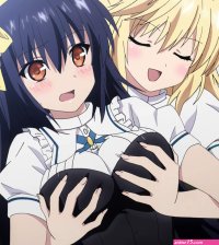 lilith bristol tachibana tomoe absolute duo 8-bit company absolute duo screencap highres 10s 2girls blonde hair blue hair blush breasts closed eyes grabbing another039s breast groping hair ornament hair ribbon indoors large