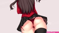 thighs wet body Torriet anime anime girls ecchi Fate series FateStay Night Tohsaka Rin twintails panties underwear red panties thigh-highs sweaty body skindentation stockings black stockings black legwear miniskirt pleated skirt...