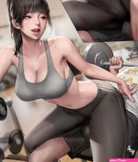 kidmo original under armour bad id bad pixiv id highres 1boy 1girl ass bent over between legs breasts brown eyes brown hair cleavage collarbone exercising eyelashes fingernails gym heart hetero korean text