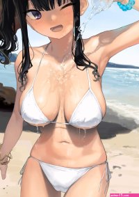 big boobs one eye closed Kaedeko bikini pouring water anime girls water bottle beach artwork
