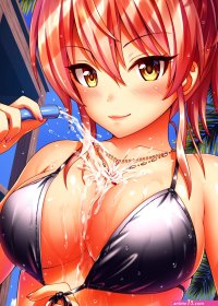 Wallpaper : anime girls THE email protected Cinderella Girls THE email protected Jougasaki Mika bikini top cleavage underboob undressing short hair redhead yellow eyes water wet body big boobs 2502x3500
