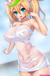 Wallpaper : blonde long hair anime girls blue eyes water big boobs cartoon black hair wet Phantasy Star Online 2 towel clothing 2000x3000