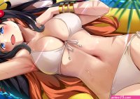 lying on back big boobs wet body armpits anime anime girls bikini blushing flowers flower in hair leaves sunlight wet water floater hibiscus top view