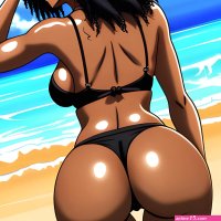 Animebeachrear viewcute girl brown skin black curly hair b...