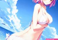 Wallpaper : anime girls water short hair ass sky clouds beach Touhou big boobs smiling black hair red eyes pink hair mouth bikini ke ta Saigyouji Yuyuko swimwear clothing ecchi hentai blond