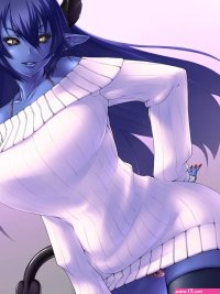 big boobs huge breasts curvy women long hair thighs orange nails painted nails purple skin anime asmodeus boobs horns yellow eyes anime girls succubus fantasy art tail stockings panties portrait display