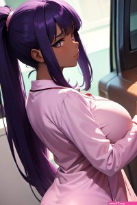 Anime Busty Huge Boobs 70s Age Sad Face Purple Hair Ponytail Hair Style Dark Skin Vintage Stage Side View On Back Pajamas 3668180814770692473