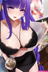 big boobs office girl purple hair anime anime girls Raiden Shogun Genshin Impact Genshin Impact bra purple eyes