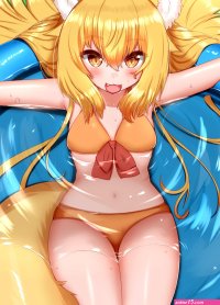 horokusa korai korai horokusa original commentary request highres 1girl :3 ahoge animal ear fluff animal ears bikini blonde hair blush bow bow bikini breasts fang fox ears fox girl fox tail grass