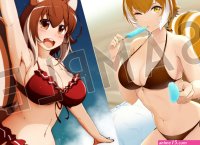 mirano purinnssu makoto nanaya blazblue highres 1girl animal ears armpits bikini blush breasts brown hair cleavage food large breasts ocean one eye closed popsicle pov short hair squirrel ears squirrel tail swimsuit