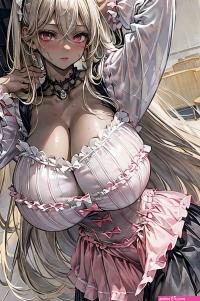 Anime girl with big breast posing in a restaurant