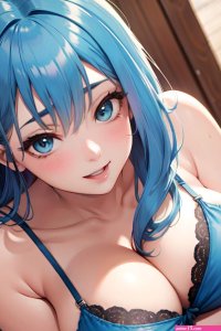 Anime Skinny Huge Boobs 50s Age Laughing Face Blue Hair Straight Hair Style Dark Skin Soft Warm Bar Close Up View Plank Bra 3691412295632424757