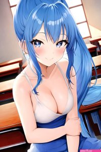 Anime Busty Small Tits 70s Age Happy Face Blue Hair Ponytail Hair Style Light Skin Watercolor Church Side View Spreading Legs Teacher 3664303750623825960