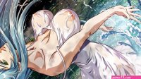 blue hair breasts dress green eyes iconic field long hair nipples nolia see through water wet