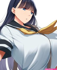 kloah highres 1girl blue eyes blue hair breasts female focus huge breasts long hair matching haireyes school uniform simple background solo white background