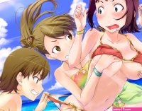 amami haruka beach bikini blush breast grab breasts clouds futami ami futami mami idolmaster sky swimsuit twins underboob water