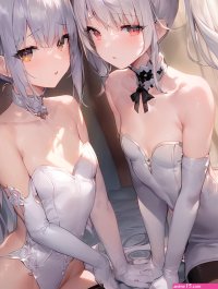 two women original characters small boobs ponytail long hair anime anime girls artwork digital art portrait display pantyhose elbow gloves AI art