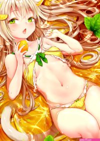 small boobs long hair original characters blonde open mouth bare shoulders green eyes cat girl Sukemyon anime anime girls digital art artwork portrait display boobs animal ears bikini juice lemons yellow bikini