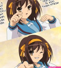 suzumiya haruhi suzumiya haruhi no yuuutsu highres 1girl brown hair caption femdom hair ribbon humiliation one eye closed pointing ribbon school uniform serafuku small penis humiliation wink