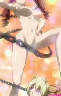 arthur crypton genessa roland freezing series anime screenshot highres stitched third-party edit 1boy 1girl animal ears barefoot blonde hair breasts censored chain clothed male nude female convenient censoring covering crotch...
