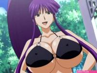misono kirika eiken animated animated gif 00s 1girl bikini black eyes bouncing breasts breasts cleavage collarbone covered erect nipples huge breasts long hair navel ponytail purple hair sideboob solo swimsuit talking thong