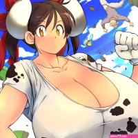 hataraki ari sukimi original highres 1boy 1girl animal print breasts brown hair cleavage collarbone covered erect nipples cow girl cow horns cow print giant giantess gigantic breasts horns outdoors shirt solo focus