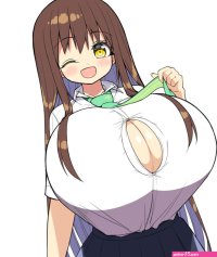 shuz dodidu highres tagme 1girl breasts brown hair cleavage gigantic breasts long hair necktie one eye closed open mouth pleated skirt school uniform shiny skin simple background skirt smile solo white background