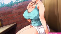 marron marron lucky dosukebe! zenpen highres non-web source photoshop medium 1boy 2girls :d bare arms blush booth seating breasts brick wall brown hair cleavage collarbone covered erect nipples green tank top hair