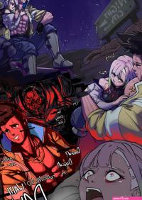 bathsalts adam smasher david martinez lucy cyberpunk cyberpunk series cyberpunk edgerunners commentary english commentary highres spoilers 1girl 2boys abs bags under eyes black hair comic constricted pupils couple cross cross...