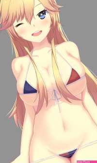 undressing big boobs huge breasts belly long hair brunette one eye closed open mouth anime anime girls Kantai Collection Iowa KanColle bikini micro bikini Pixiv boobs gray background swimwear