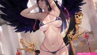 Wallpaper : black bikinis wings anime girls boobs palm trees angel purple eyes purple hair erotic art micro bikini 1920x1080