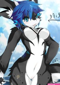 dragoon86 highres tagme blue eyes blue hair breasts furry horns nipples ocean pussy single horn