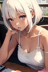 Anime Skinny Small Tits 40s Age Sad Face White Hair Bangs Hair Style Dark Skin Painting Cafe Close Up View Gaming Teacher 3691644224486888654