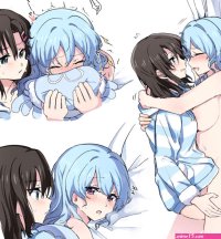 aoiro 050 matsubara kanon okusawa misaki bang dream! implied orgasm highres 2girls black hair blue hair blush bottomless breasts closed eyes completely nude face in pillow frottage hood hoodie hug long hair