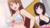 ayane shirakawa kotone shirakawa overflow anime animated anime screenshot highres sound video 1boy 2girls ass backboob bare shoulders bathroom bikini black bikini black hair blush bouncing breasts breasts brother and sister brown