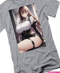 Hot anime girl with large chest and brown hair in short skirt T-Shirt by Realistic Space