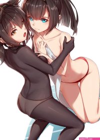 Fond décran : illustration Anime Filles anime yeux bleus cheveux courts brunette cul dessin animé Collection Kantai cheveux noirs yeux marrons pieds aux seins nus Yuri bouche le maillot de corps La