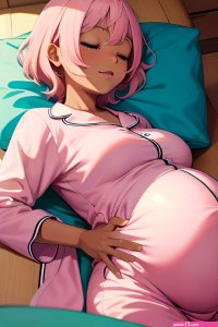 Anime Pregnant Small Tits 70s Age Happy Face Pink Hair Slicked Hair Style Dark Skin Crisp Anime Stage Back View Sleeping Pajamas 3679475721469900178