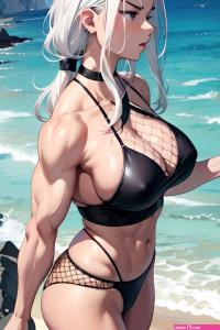 Anime Muscular Huge Boobs 30s Age Angry Face White Hair Slicked Hair Style Dark Skin Soft Anime Beach Side View Sleeping Fishnet 3671018072372011376