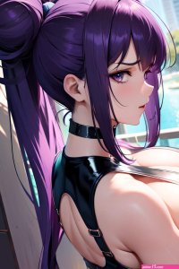 Anime Busty Huge Boobs 20s Age Angry Face Purple Hair Hair Bun Hair Style Dark Skin Cyberpunk Lake Side View On Back Latex 3687249180533785192