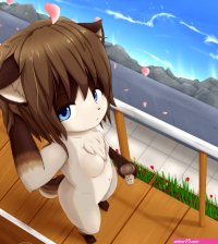 sinelesh original highres 1girl blue eyes body fur breasts brown hair expressionless female focus from above furry furry female mushroom nude petals railing short hair small breasts solo water